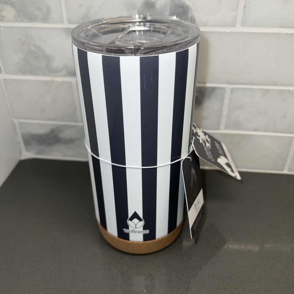 NWT~Wellness 16 oz Stainless Steel striped Vacuum Insulated Tumbler w/ Cork Base
